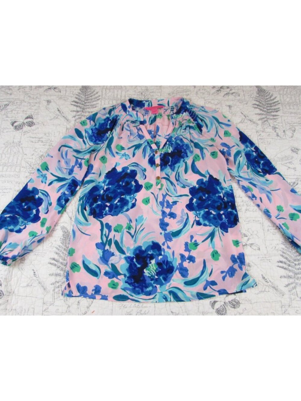 NEW $158 Lilly Pulitzer Elsa Sweet Pea Floral Blue Pink Silk long sl Top Sz XXS